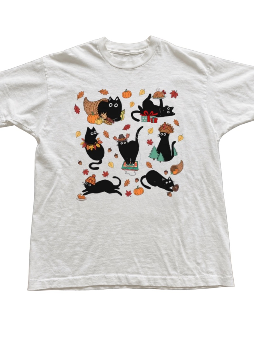 White Tee with Playful Black Cats and Autumn Motifs